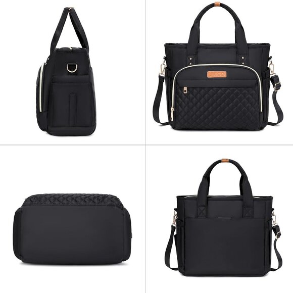 Black Quilted Medium Tote Bag for Women with Multi Pockets & Adjustable Strap - Picture 5 of 6